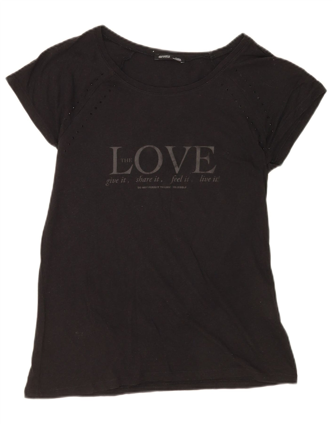 Zara Womens Graphic T-Shirt Top UK 12 Medium Black Cotton