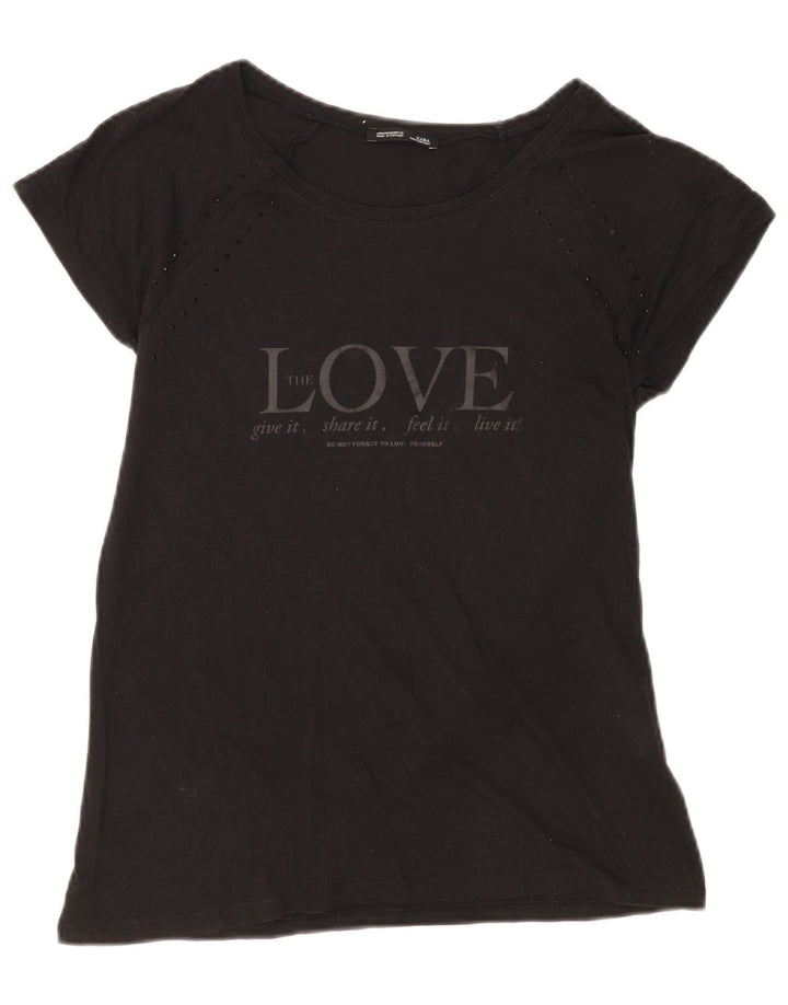 Zara Womens Graphic T-Shirt Top UK 12 Medium Black Cotton