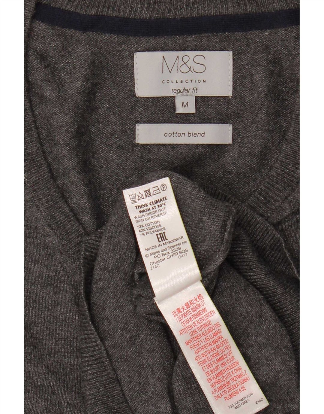 Marks & Spencer Mens Regular Fit V-Neck Jumper Sweater Medium Grey Cotton