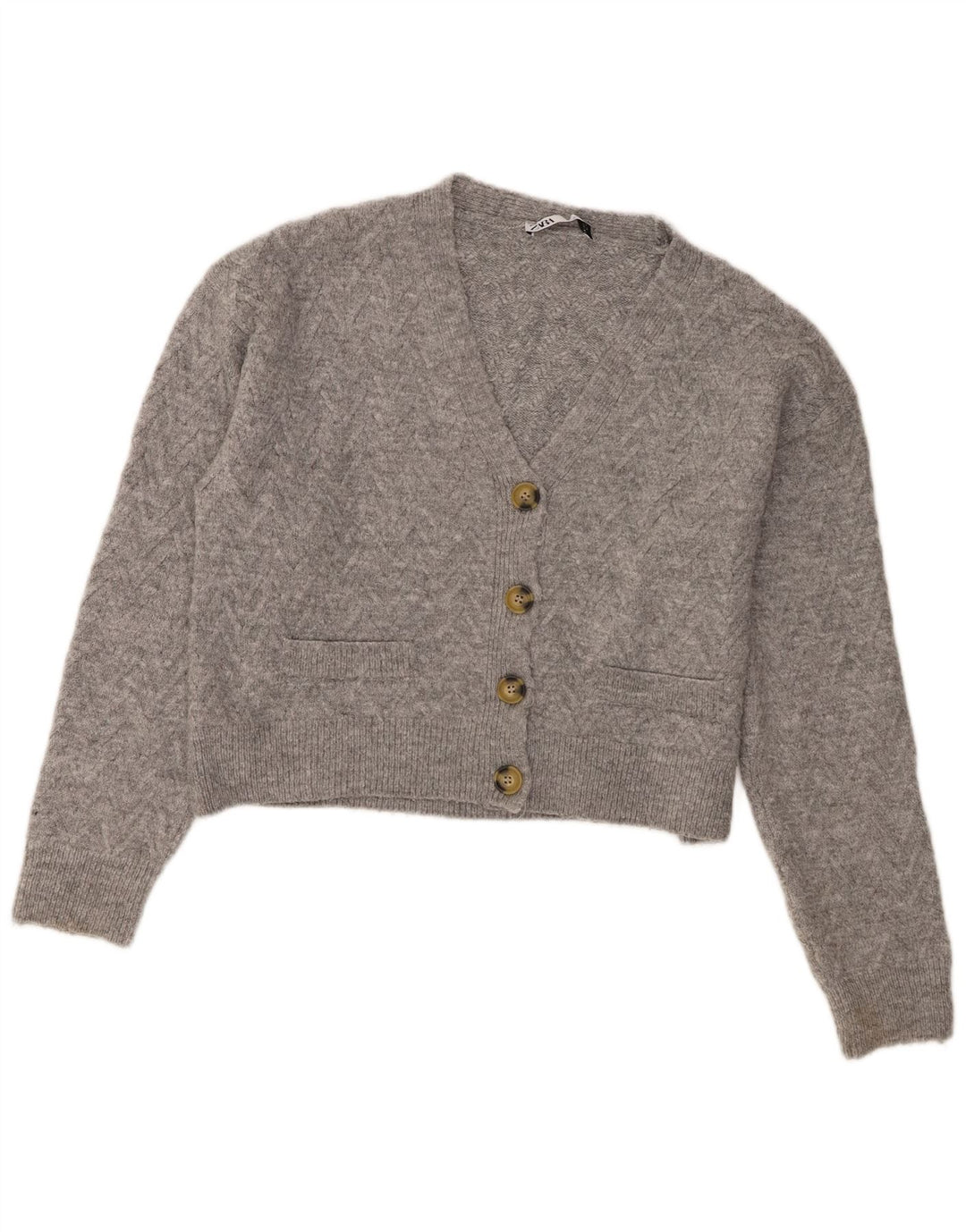 Zara Womens Crop Cardigan Sweater UK 14 Acrylique Gris Moyen