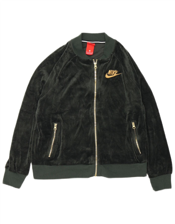 Nike Dame Velour Træningsdragt Top Jacket UK 14 Medium Green Polyester