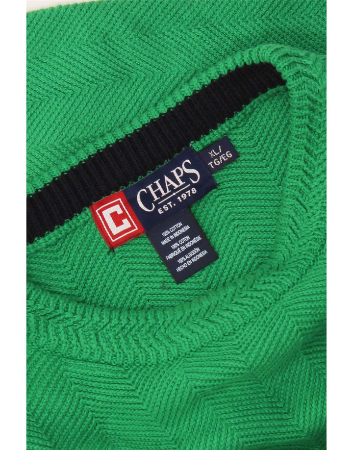 Chaps Mens Crew Neck Jumper Sweater XL Green Herringbone Cotton