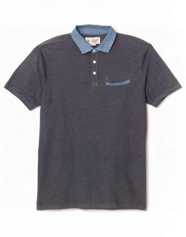 Penguin Mens Polo Shirt Medium Navy Blue Colourblock Cotton