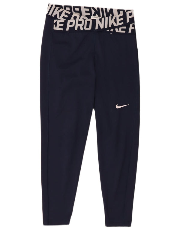 Nike Dame Dri Fit Grafiske Leggings UK 14 Medium Navy Blue Polyester
