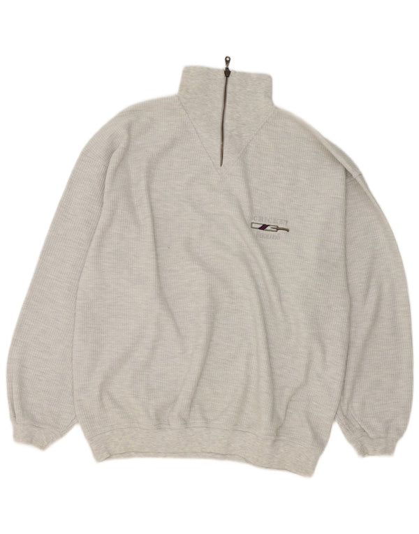 vintage Mens Zip Neck Jumper Pull XL Gris Moucheté Coton