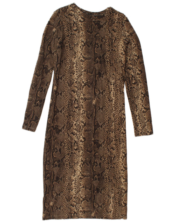 Zara Dame Langærmet Bodycon Kjole UK 12 Medium Brown Animal Print