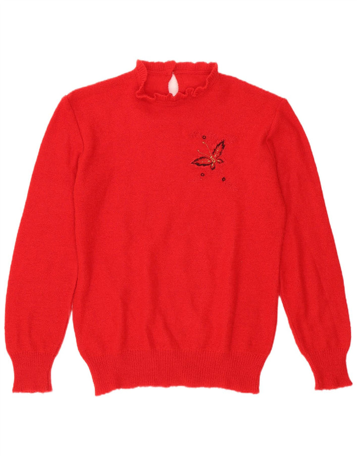 Vintage Dame Turtle Neck Jumper Sweater UK 14 Medium Red Butterfly