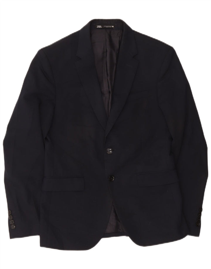 Jaqueta blazer masculina Zara com 2 botões UE 46 pequena azul marinho poliéster