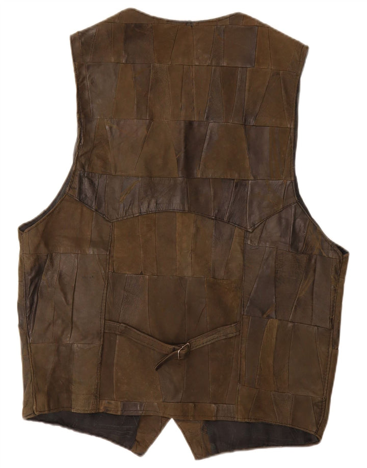 Vintage Mens Leather Waistcoat XL Khaki Patchwork