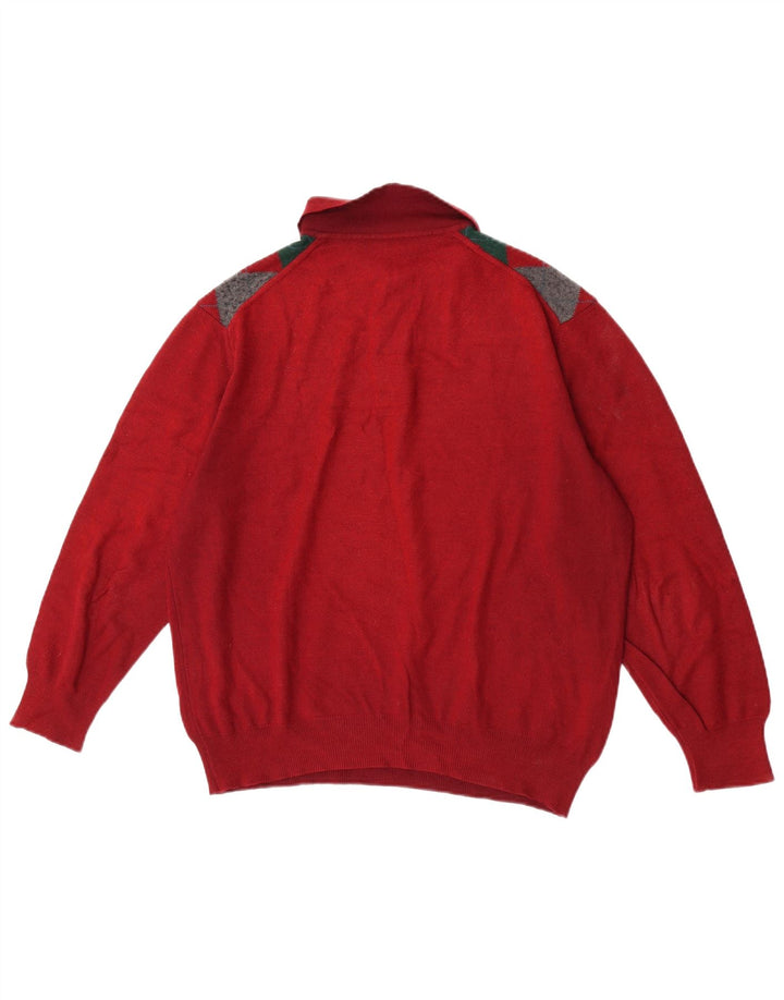 VINTAGE Mens Polo Neck Jumper Sweater Large Red Argyle/Diamond