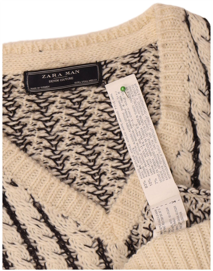 Zara Mens V-Neck Jumper Sweater Large White Striped Acrylic