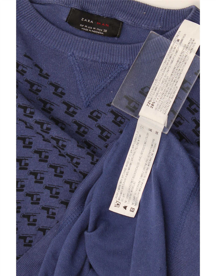 Zara Mens Graphic Top Long Sleeve Medium Navy Blue Geometric Cotton