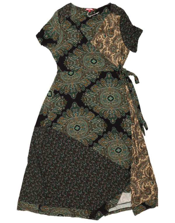 Vintage Damen Wickelkleid UK 20 2XL Grün Patchwork Viskose Boho