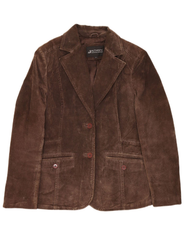 Giacca blazer autentica da donna in pelle scamosciata a 2 bottoni IT 40 piccola in pelle marrone