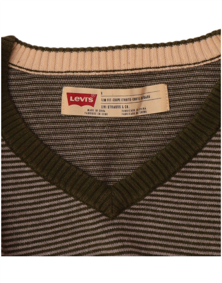 Levi's Mens Slim Fit V-Neck Jumper Sweater Medium Green Pinstripe