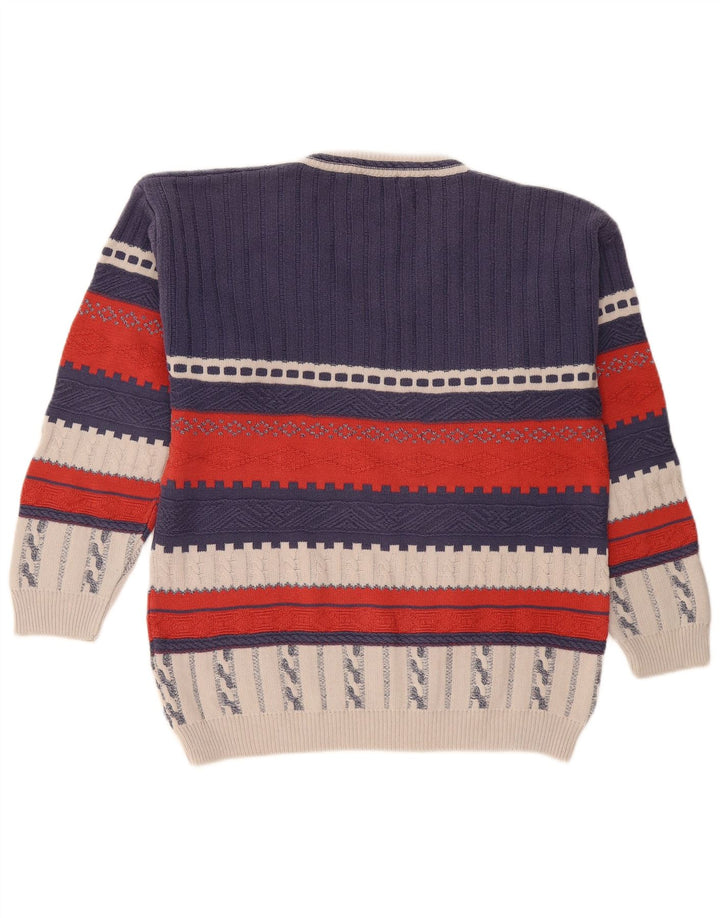 Vintage Mens V-Neck Jumper Sweater Small Navy Blue Colourblock