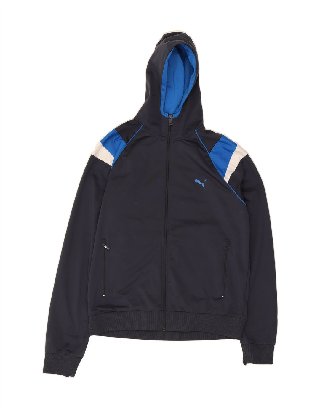 PUMA Mens Zip Hoodie Sweater XL Navy Blue Colourblock Polyester Vintage Puma and Second-Hand Puma from Messina Hembry 