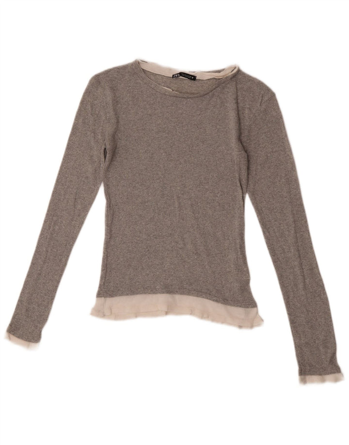 Zara Mujer Top Manga Larga UK 8 Small Gris Colorblock Poliéster