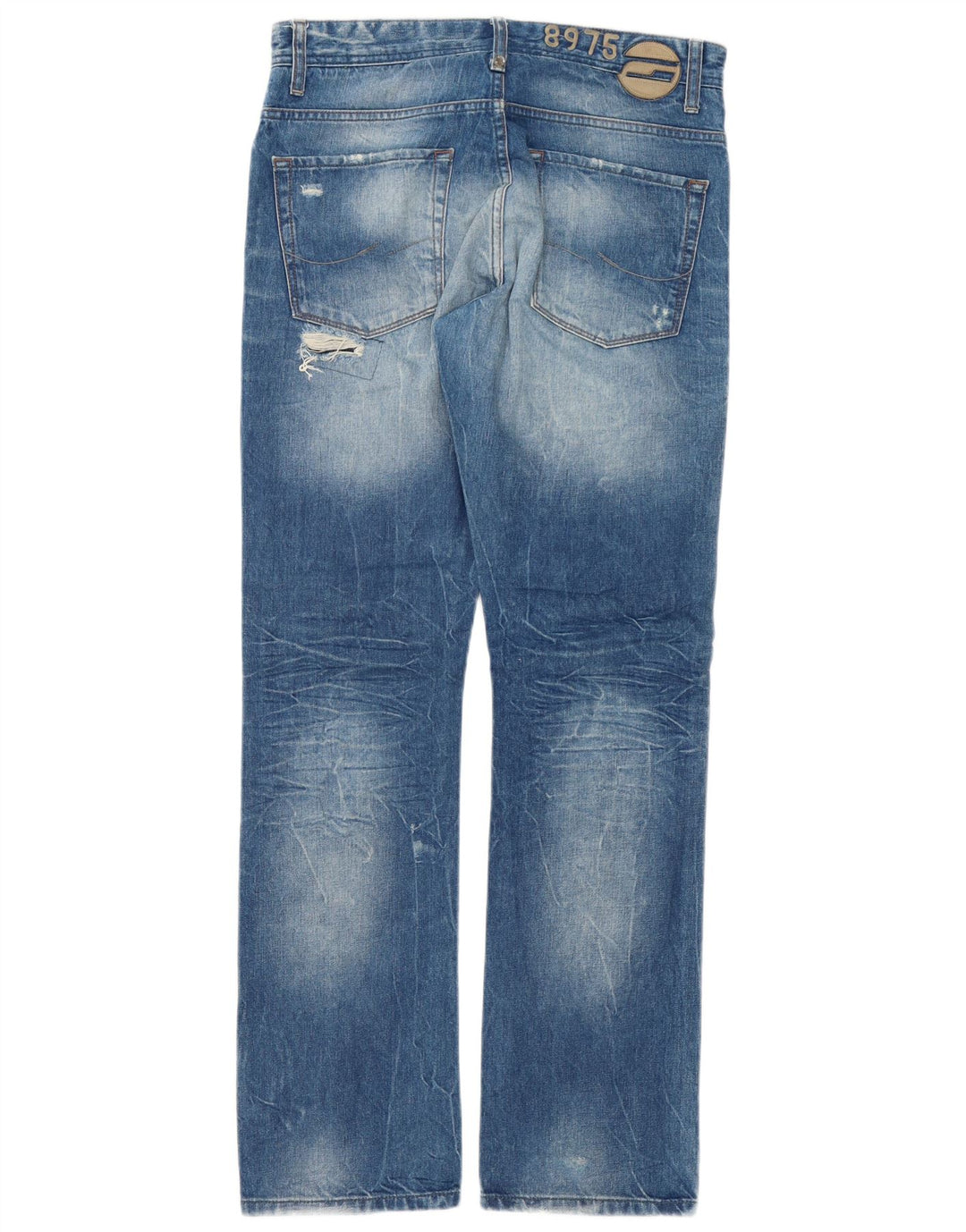 Jack & Jones Mens Distressed Straight Jeans W32 L34 Blue Patchwork Cotton