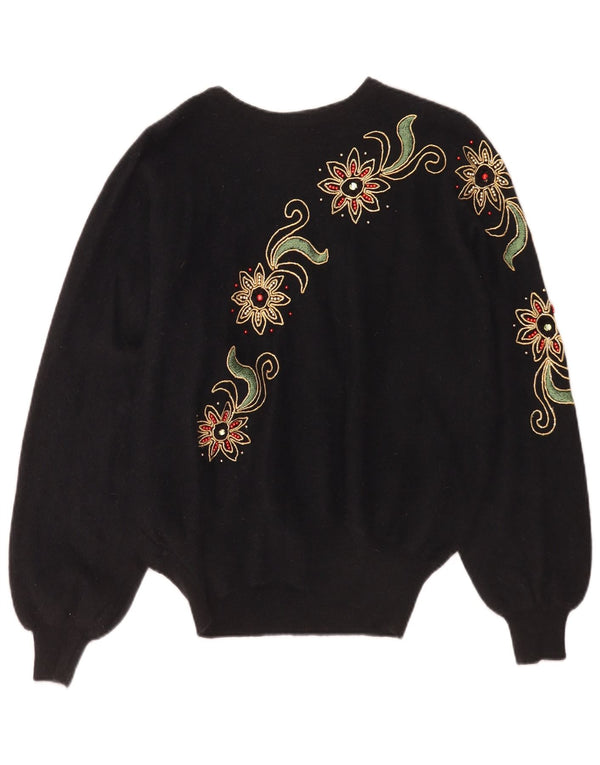 Maglione maglione girocollo a pipistrello da donna vintage UK 18 XL nero floreale