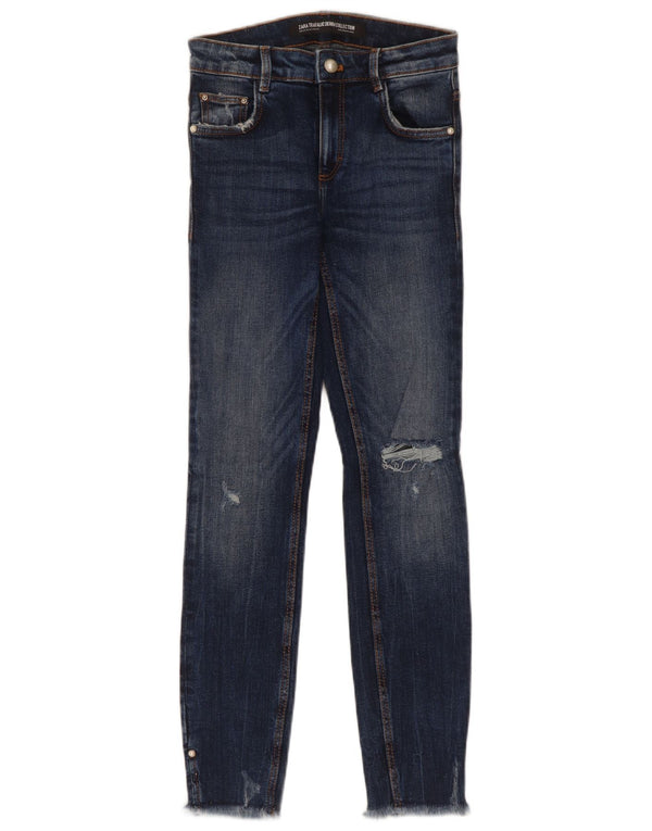 Zara Dame Distressed Skinny Jeans EU 34 2XS W24 L27 Blå Bomuld