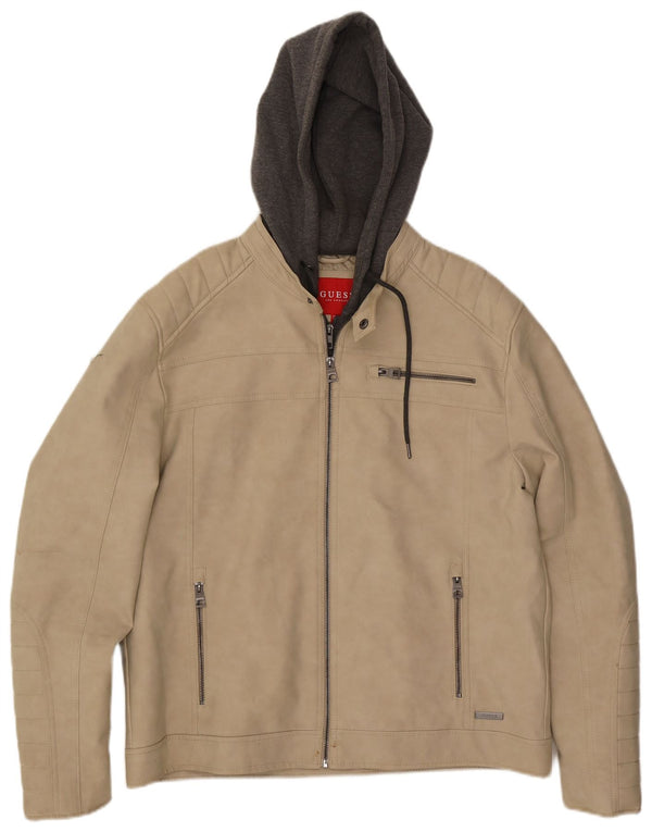 Guess Giacca da corsa da uomo in ecopelle con cappuccio UK 42 Large Beige Colourblock