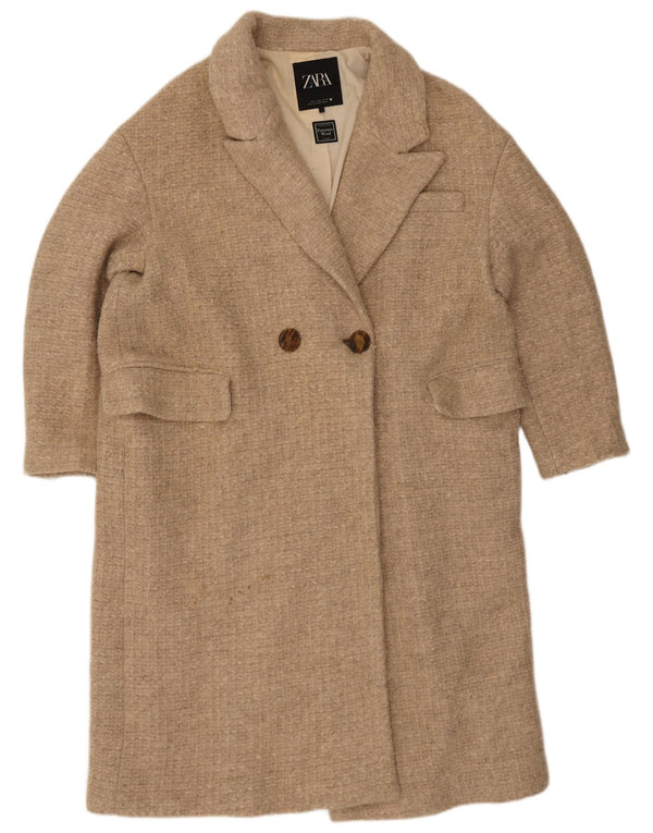 Zara Womens Double Breasted Coat UK 42 XL Beige Wool