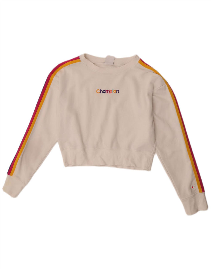 Champion Womens Crop Sweatshirt Jumper UK 14 Medium Off White Cotton
