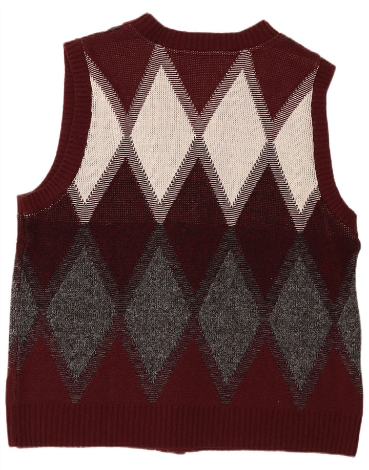 Vintage Mens Cardigan Sweater Large Burgundy Argyle/Diamond