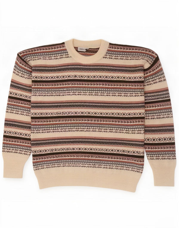 Suéter vintage masculino com gola redonda grande off white Fair Isle