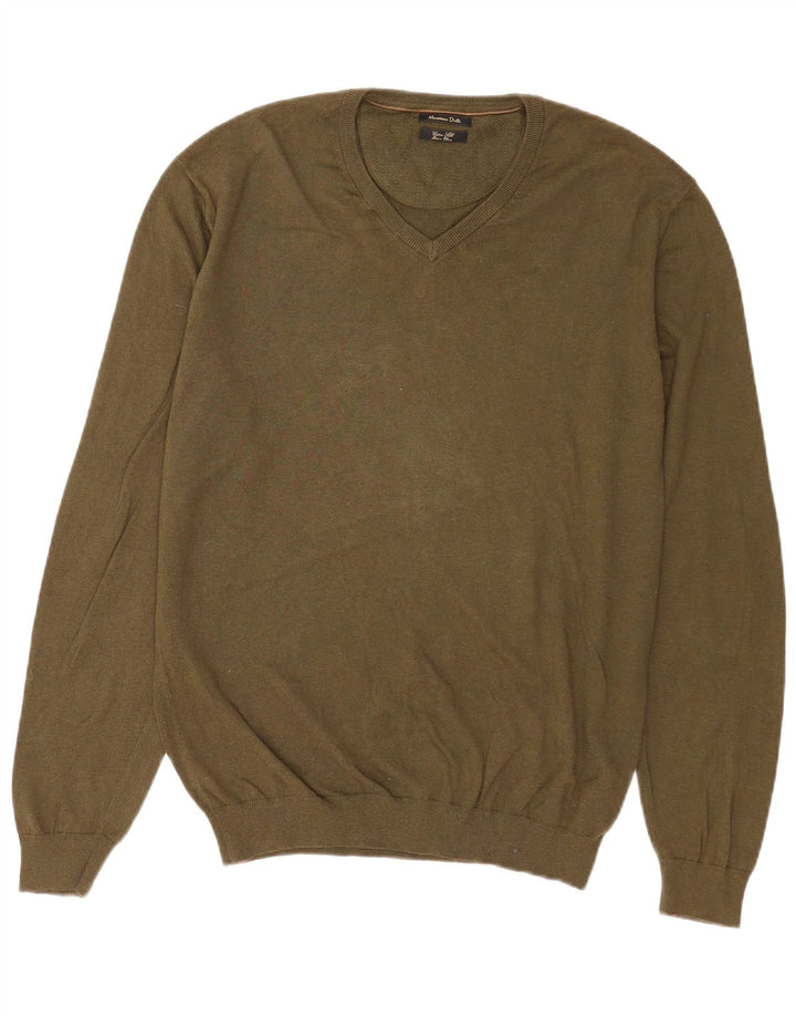 Massimo Dutti Mens V-Neck Jumper Sweater XL Khaki Cotton