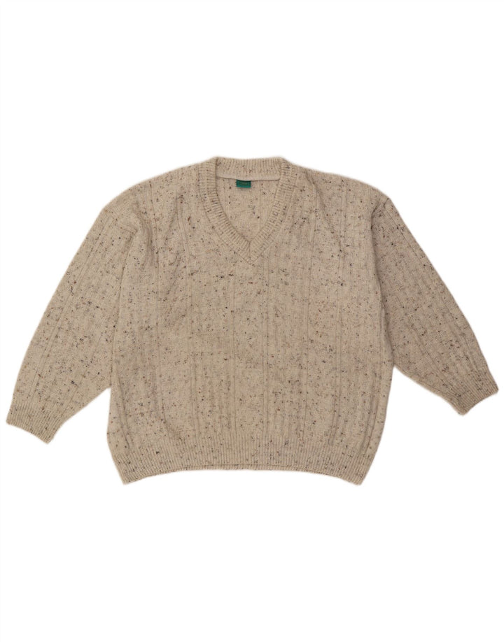 CANDA Mens V-Neck Jumper Sweater Large Beige Flecked Acrylic
