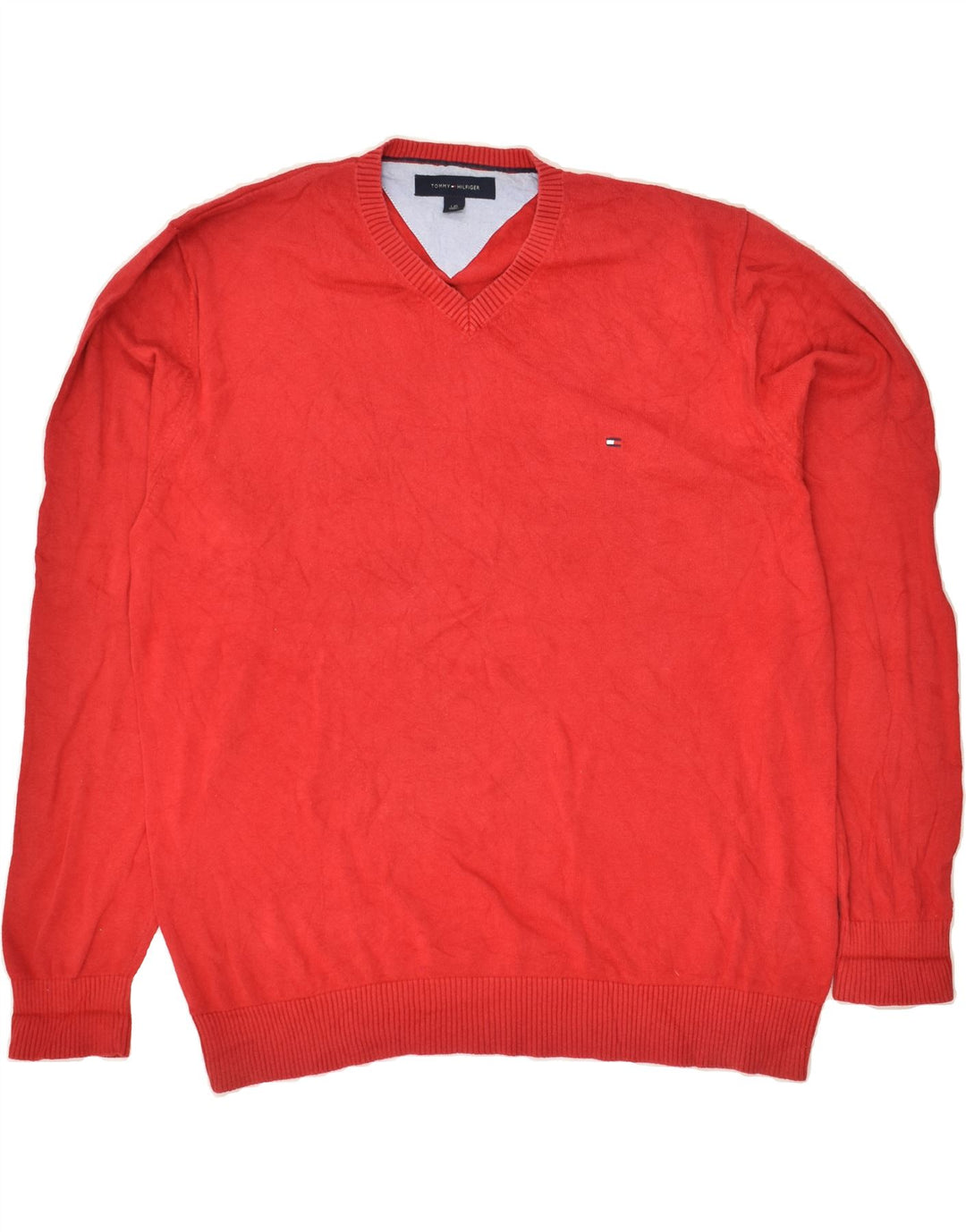 TOMMY HILFIGER Mens V-Neck Jumper Sweater Large Red Cotton Vintage Tommy Hilfiger and Second-Hand Tommy Hilfiger from Messina Hembry 