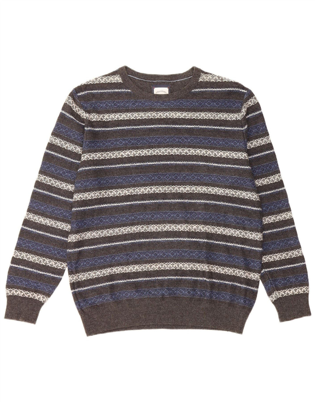 Vintage herre sweater med rund hals, medium grå stribet bomuld