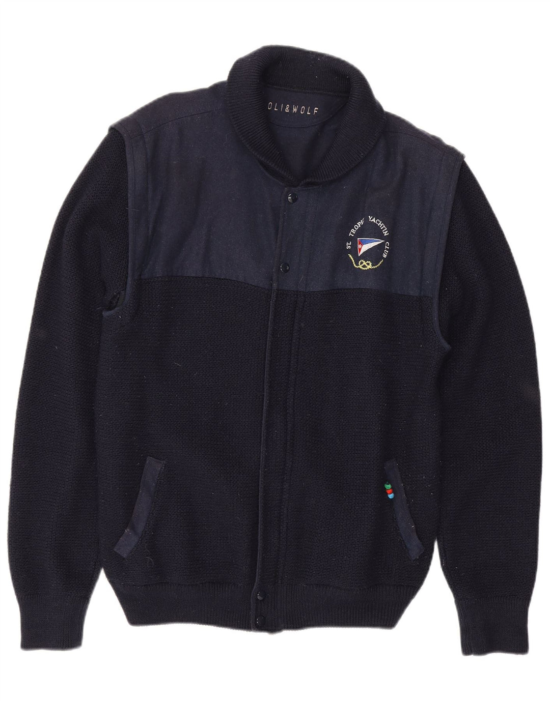 Loli Wolf Mens Yachting Cardigan Sweater Medium Navy Blue Colourblock Wool