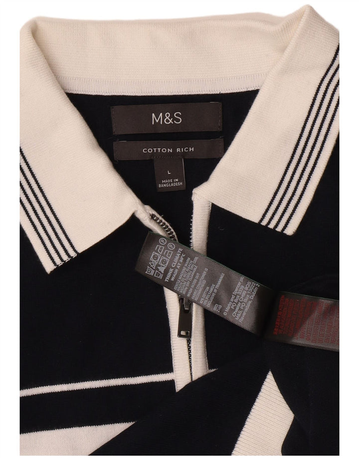 Marks & Spencer Mens Polo Shirt Large Navy Blue Striped Cotton
