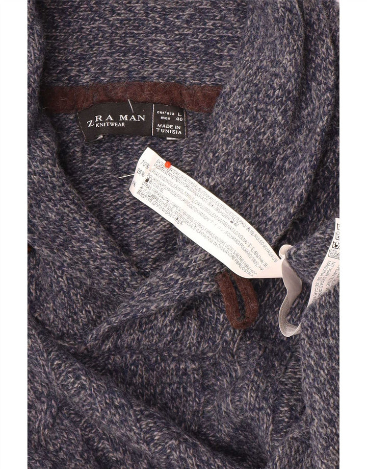 Maglione Zara da uomo con collo a scialle, grande, in lana screziata blu navy