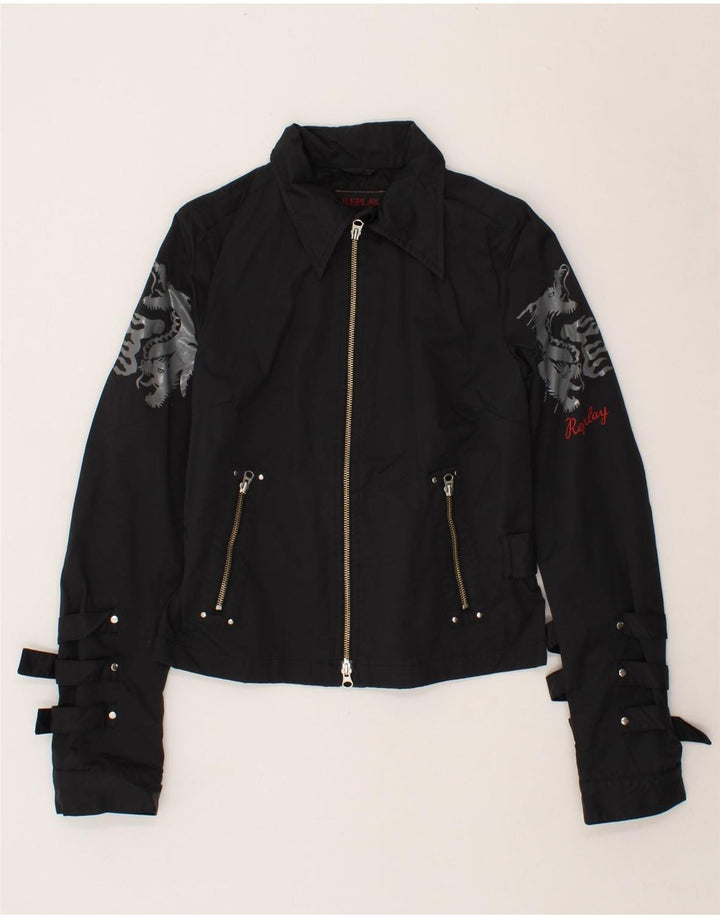 REPLAY Womens Graphic Bomber Jacket UK 14 Large Black Cotton