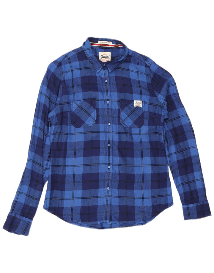 Superdry Womens Flannel Shirt UK 14 Medium Blue Check Viscose