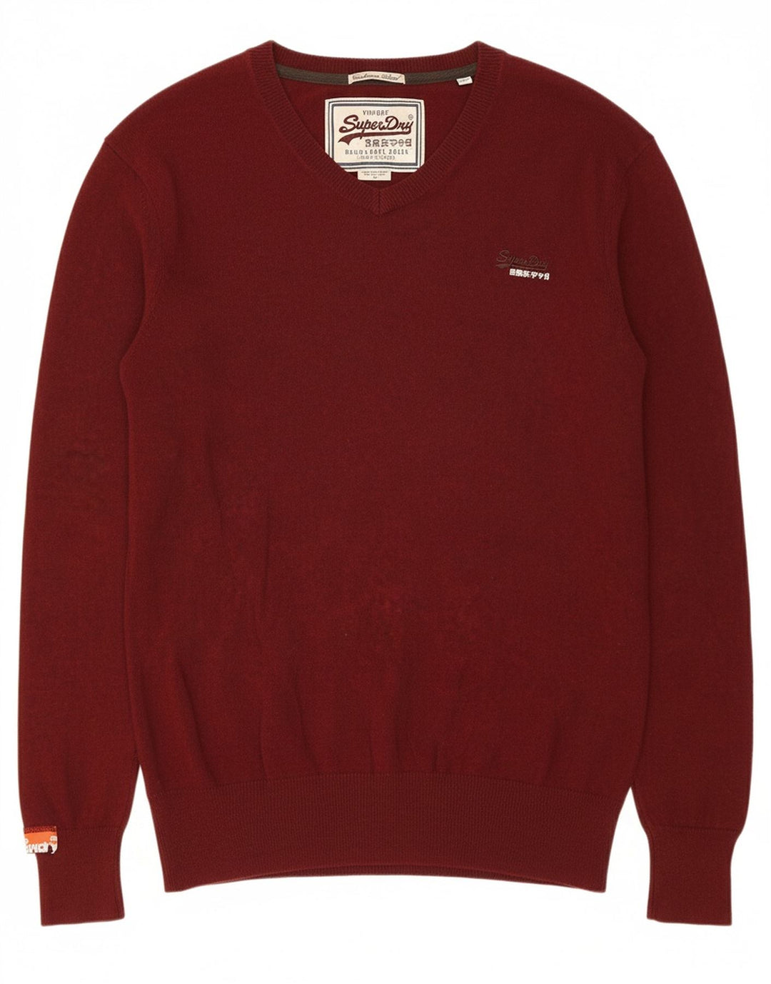 SUPERDRY Mens V-Neck Jumper Sweater Medium Maroon Cotton