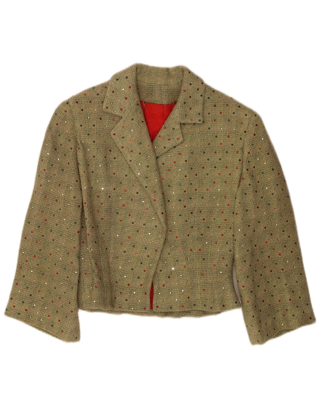 Vintage Womens Crop 3/4 Sleeve Blazer Jacket UK 12 Medium Green Spotted