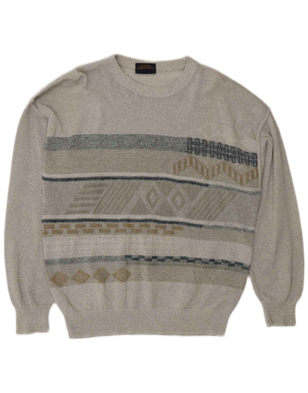 Greenfield Mens Boat Neck Jumper Sweater Large Grey Geometric
