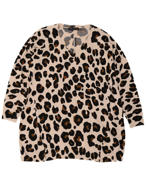Marks & Spencer Womens V-Neck Jumper Sweater UK 16 Large Beige Animal Print