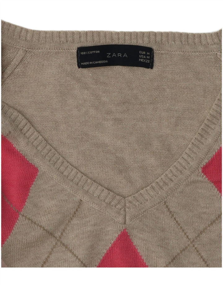 Zara Womens Crop V-Neck Jumper Sweater UK 12 Medium Grey Argyle/Diamond