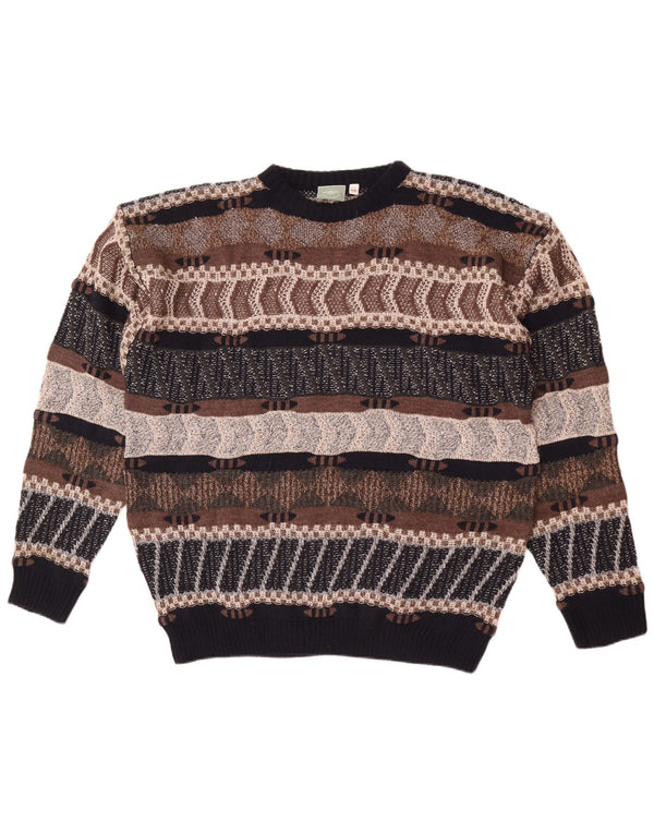 vintage Mens Crew Neck Jumper Pull 2XL Marron Rayé Acrylique