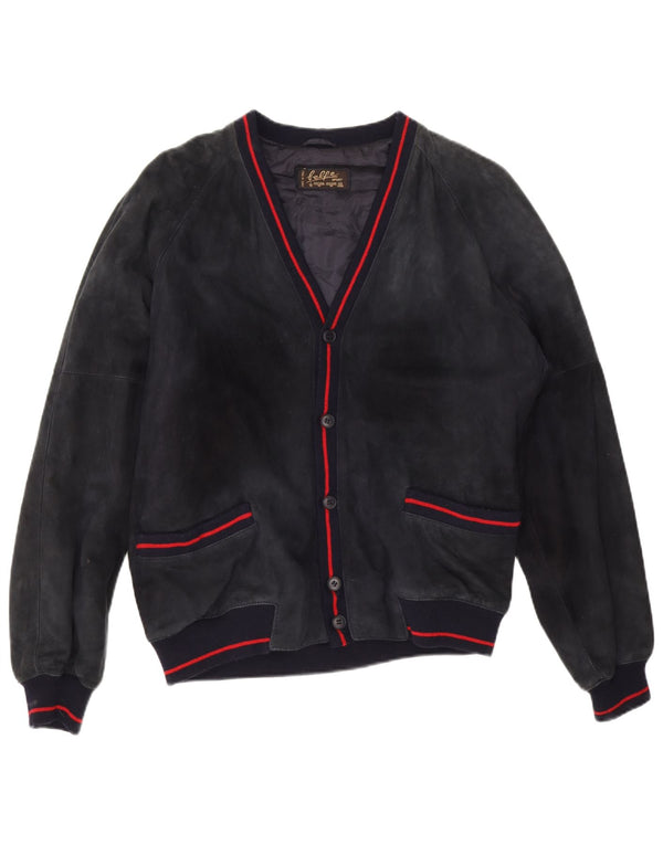 Belfe Mens Suede Bomber Jacket IT 50 Large Navy Blue Leather