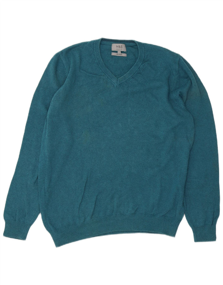 Marks & Spencer Mens V-Neck Jumper Sweater Large Turquoise Cotton