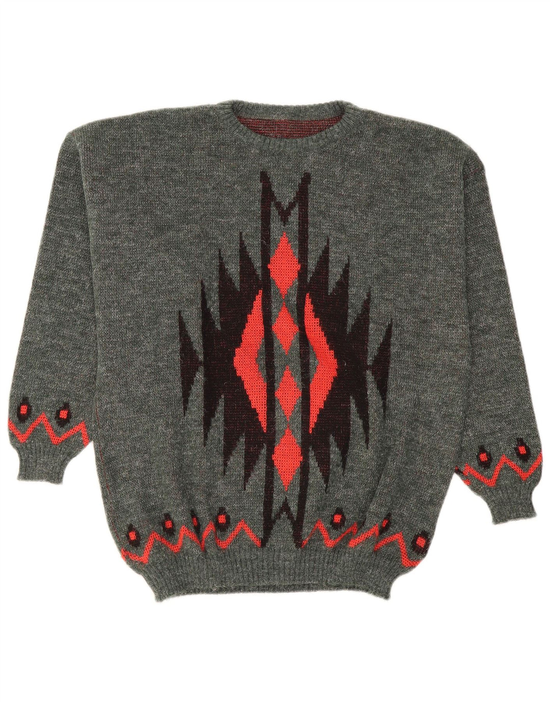 Vintage Mens Crew Neck Jumper Sweater Large Grey Geometric Polyacrylic