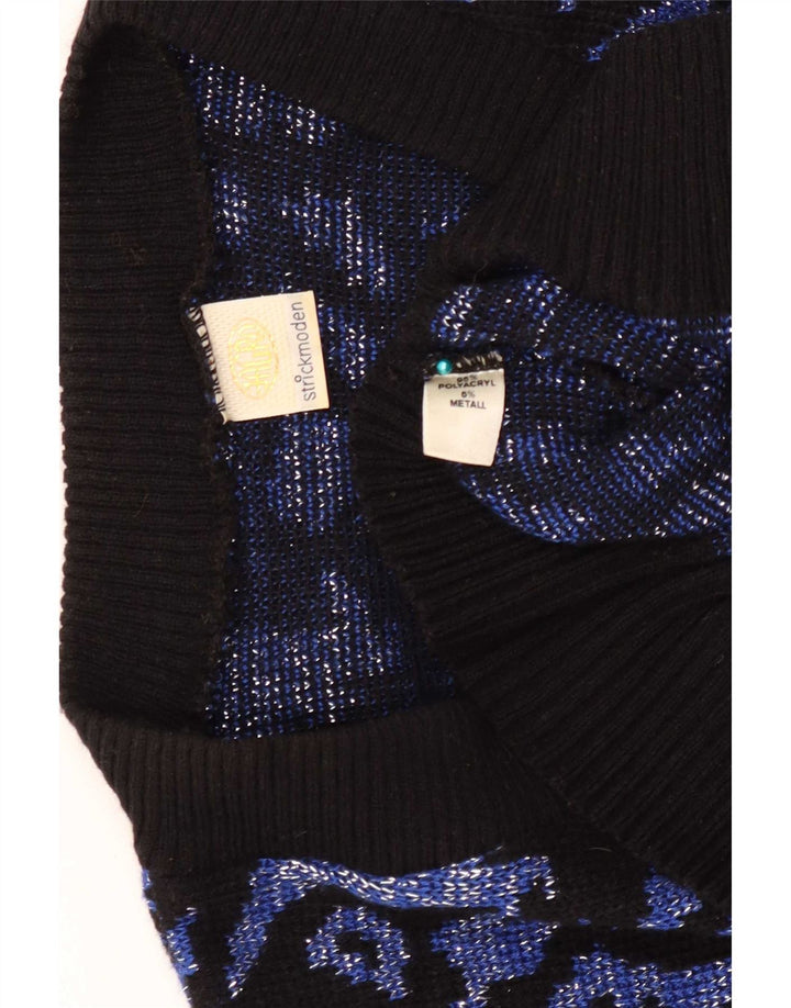 Vintage kvinders abstrakt mønster V-hals sweater UK 16 Large Navy Blue