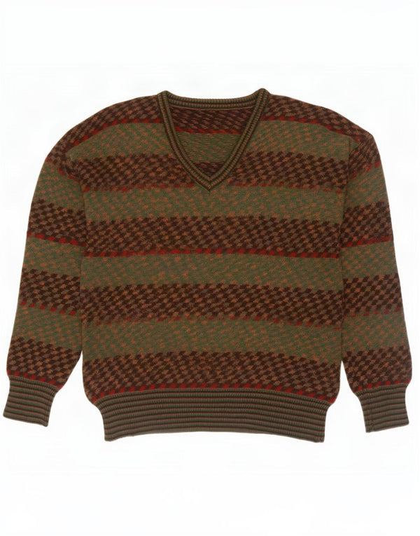 Vintage Mens V-Neck Jumper Sweater IT 50 Medium Khaki Striped